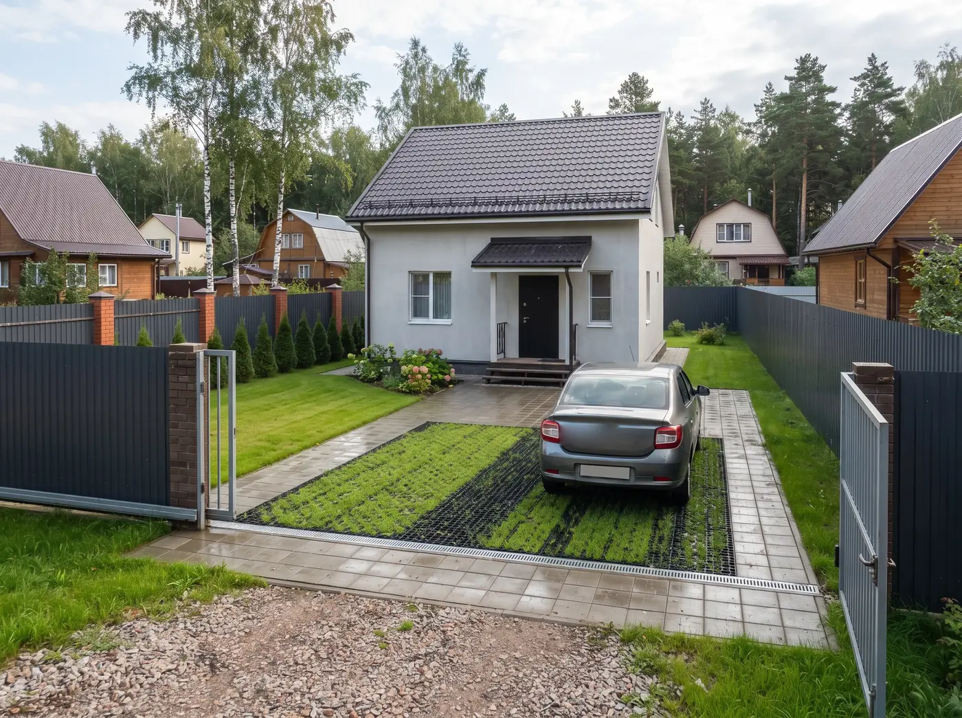 Небольшой участок: отмостка, парковка, газон — после